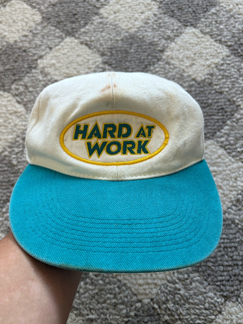 VINTAGE 90S HARD AT WORK STRAPBACK HAT WHITE TEAL
